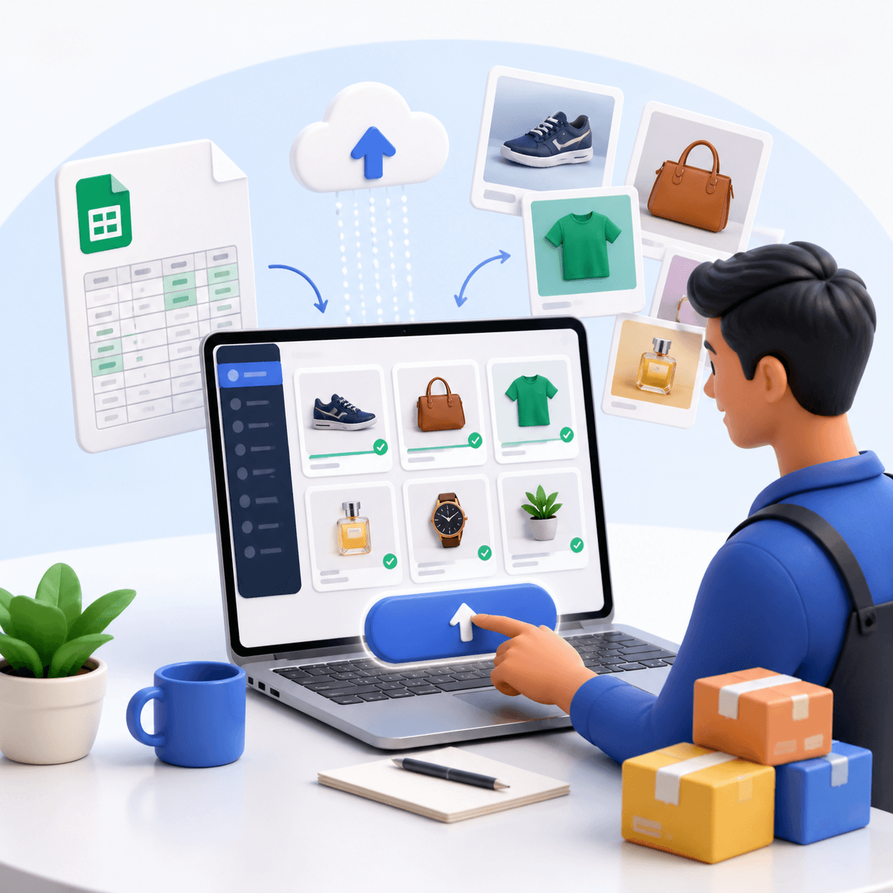 Shop owner uploading product photos and a spreadsheet into an ORVA catalog