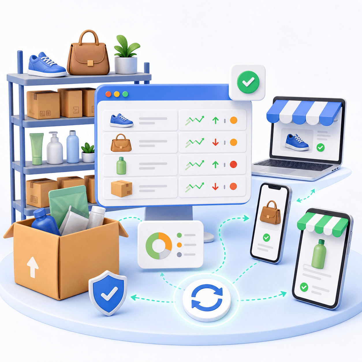 Inventory dashboard syncing stock and price updates across phone and store screens